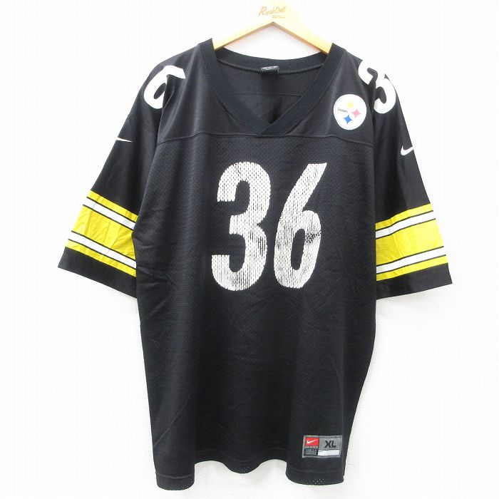 XL★古着 ナイキ NIKE 半袖 ビンテージ フットボール Tシャツ メンズ 90年代 90s NFL ピッツバーグスティーラーズ ジェロームベティス 36 メッシュ地 大きいサイズ Vネック USA製 黒他 ブラック ユニフォーム ゲームシャツ アメフト スーパーボウル 【spe】 25may09 中古