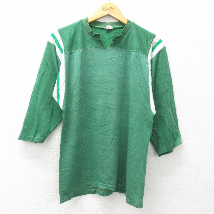 M★古着 メイソン 7分袖 ビンテージ フットボール Tシャツ メンズ 70年代 70s 無地 Vネック USA製 緑他 グリーン 25may09 中古 7分丈 七分丈 七分袖
