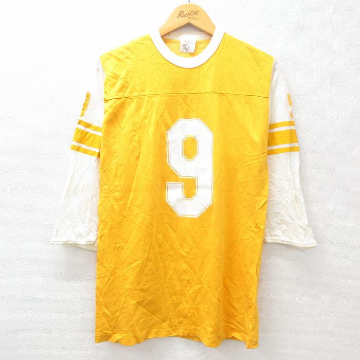 M★古着 7分袖 ビンテージ フットボール Tシャツ メンズ 80年代 80s 9 レーヨン クルーネック 黄他 イエロー 25may09 中古 7分丈 七分丈 七分袖