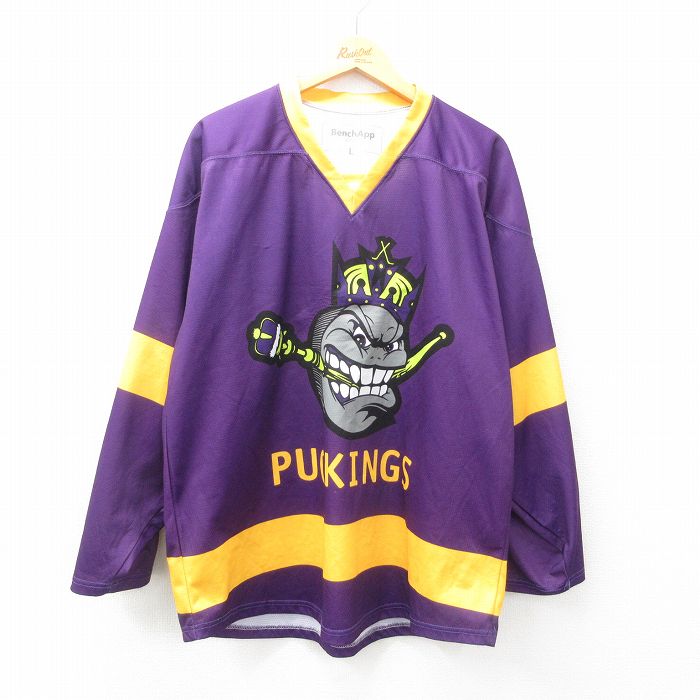 【50%OFF】XL★古着 長袖 フットボール Tシャツ メンズ PUCKINGS HUI 9 大きいサイズ Vネック 紫他 パープル ユニフォーム ゲームシャツ 25may09 中古