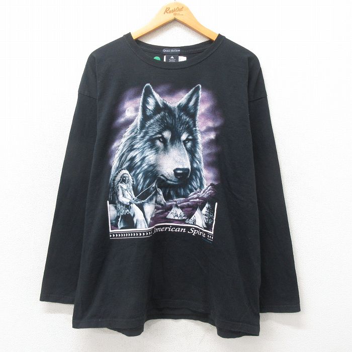 XL★古着 長袖 ビンテージ Tシャツ 00年代 00s インディアン オオカミ 大きいサイズ コットン クルーネック 黒 ブラック 25may12 中古 メンズ