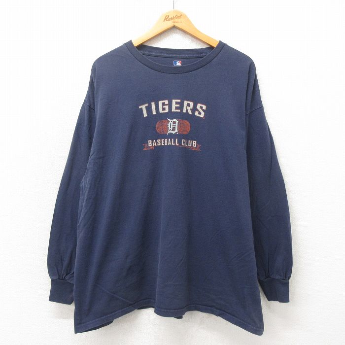 XL★古着 長袖 ビンテージ Tシャツ メンズ 00年代 00s MLB デトロイトタイガース 大きいサイズ コットン クルーネック 紺 ネイビー 25may12 中古