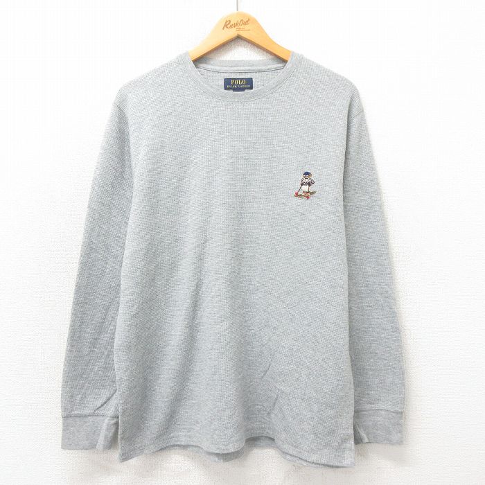 XL★古着 ラルフローレン Ralph Lauren 長袖 ブランド サーマル Tシャツ メンズ ポロベア クルーネック グレー 25may12 中古