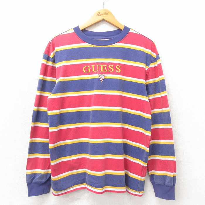 【20%OFF】L★古着 ゲス GUESS 長袖 ビンテージ Tシャツ メンズ 00年代 00s ビッグロゴ 刺繍コットン クルーネック 紺他 ネイビー ボーダー 25may12 中古