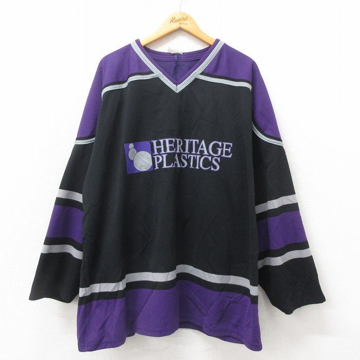 【50%OFF】XL★古着 長袖 ビンテージ Tシャツ アイスホッケー ジャージ メンズ 00年代 00s ヘリテージ 大きいサイズ ロング丈 メッシュ地 Vネック 黒 ブラック 25may12 中古