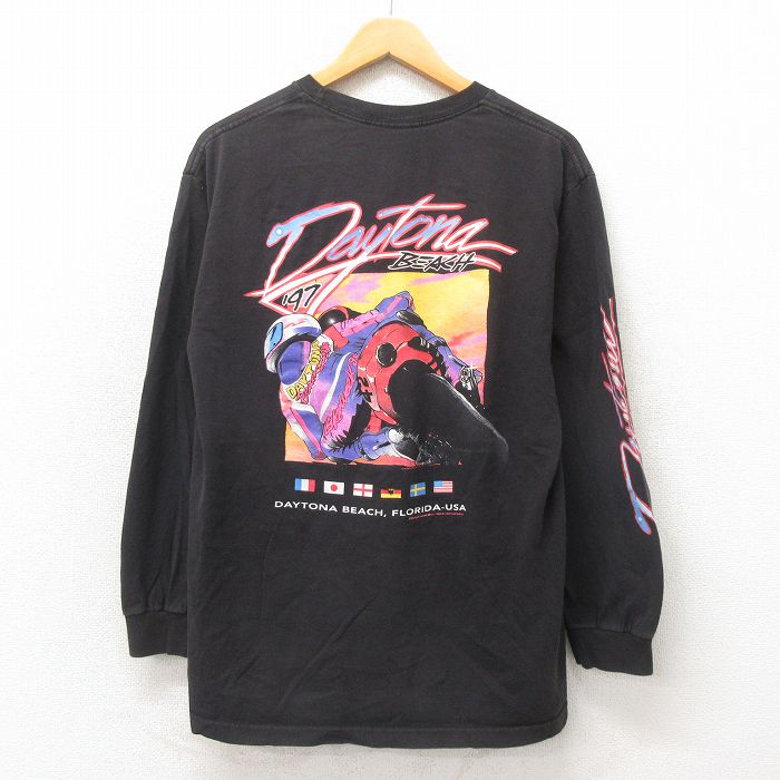 L★古着 長袖 Tシャツ メンズ バイク コットン クルーネック USA製 黒 ブラック 25may12 中古