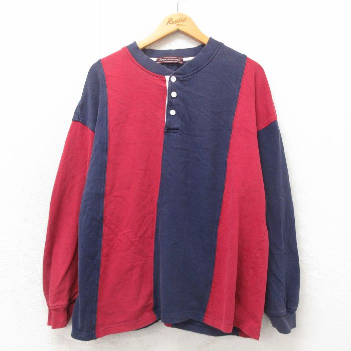 XL★古着 長袖 ビンテージ Tシャツ メンズ 00年代 00s 大きいサイズ コットン ヘンリーネック エンジ他 ストライプ 25may12 中古