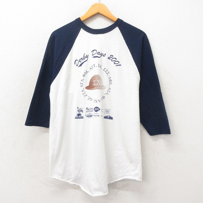 XL★古着 ラッセル 7分袖 ビンテージ Tシャツ メンズ 00年代 00s ギリシャ文字 企業広告 ツートンカラー ラグラン クルーネック 白 ホワイト 25may12 中古 7分丈 七分丈 七分袖