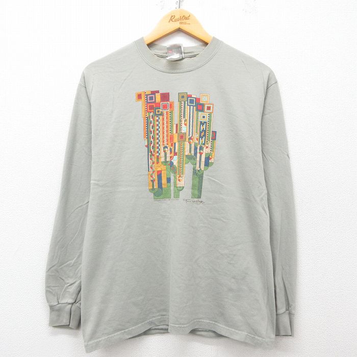 M★古着 ヘインズ Hanes 長袖 ビンテージ Tシャツ メンズ 00年代 00s フランクロイドライト クルーネック 薄緑系 グリーン 【spe】 25may12 中古