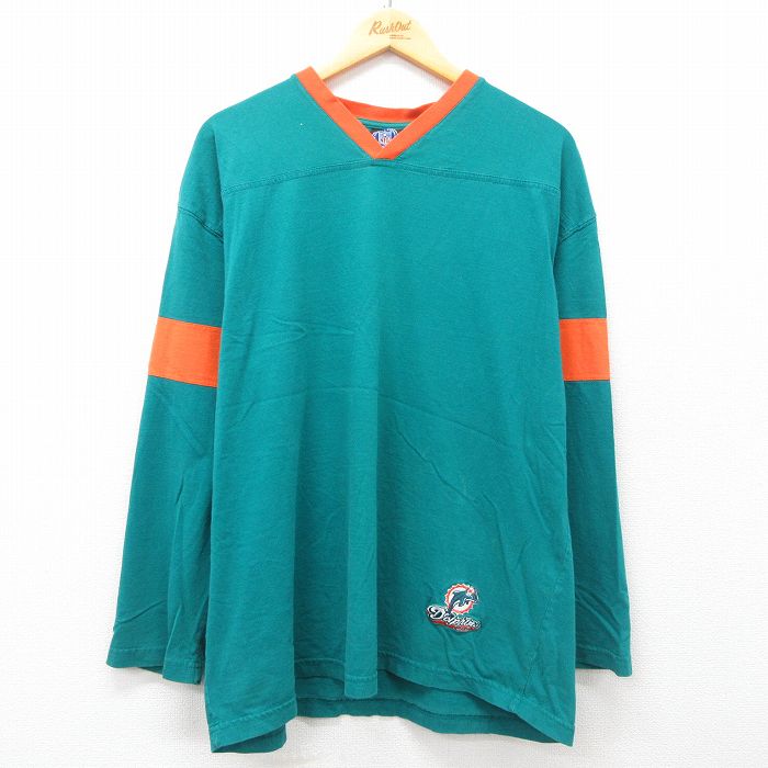 XL★古着 長袖 ビンテージ フットボール Tシャツ メンズ 00年代 00s NFL マイアミドルフィンズ 大きいサイズ コットン Vネック 青緑 アメフト スーパーボウル 25may12 中古