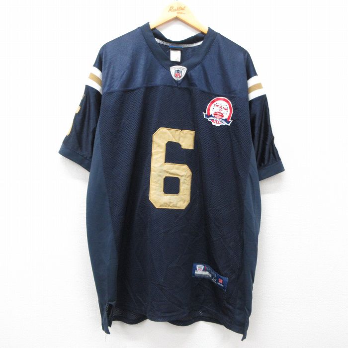 XL★古着 リーボック REEBOK 半袖 ビンテージ フットボール Tシャツ メンズ 00年代 00s NFL マークサンチェス 6 メッシュ地 大きいサイズ ロング丈 Vネック 紺 ネイビー ユニフォーム ゲームシャツ アメフト スーパーボウル 25may12 中古