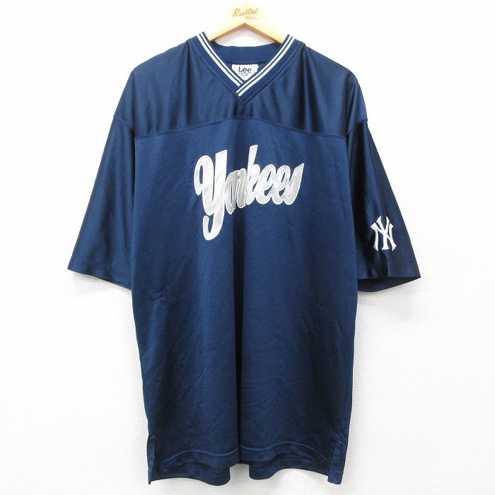 XL★古着 リー Lee 半袖 ビンテージ フットボール Tシャツ メンズ 00年代 00s MLB ニューヨークヤンキース メッシュ地 大きいサイズ ロング丈 Vネック 紺 ネイビー ユニフォーム ゲームシャツ メジャーリーグ ベースボール 野球 25may12 中古