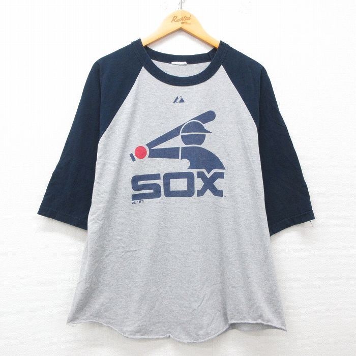 XL★古着 7分袖 Tシャツ メンズ MLB ボストンレッドソックス ラグラン ツートンカラー 大きいサイズ クルーネック グレー 霜降り他 メジャーリーグ ベースボール 野球 25may12 中古 7分丈 七分丈 七分袖