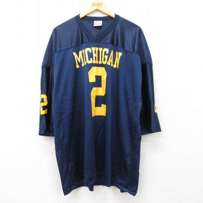 XL★古着 半袖 ビンテージ フットボール Tシャツ メンズ 90年代 90s ミシガン 2 メッシュ地 大きいサイズ ロング丈 Vネック USA製 紺 ネイビー ユニフォーム ゲームシャツ 25may12 中古