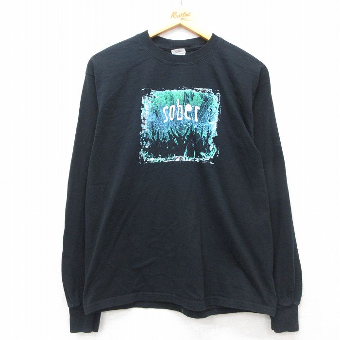 L★古着 長袖 ビンテージ Tシャツ メンズ 00年代 00s Sober コットン クルーネック 黒 ブラック 25may12 中古