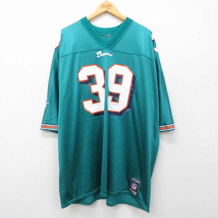 XL★古着 リーボック REEBOK 半袖 ビンテージ フットボール Tシャツ メンズ 00年代 00s NFL マイアミドルフィンズ ラリーゾンカ 39 メッシュ地 大きいサイズ ロング丈 Vネック 青緑 ユニフォーム ゲームシャツ アメフト スーパーボウル 25may12 中古