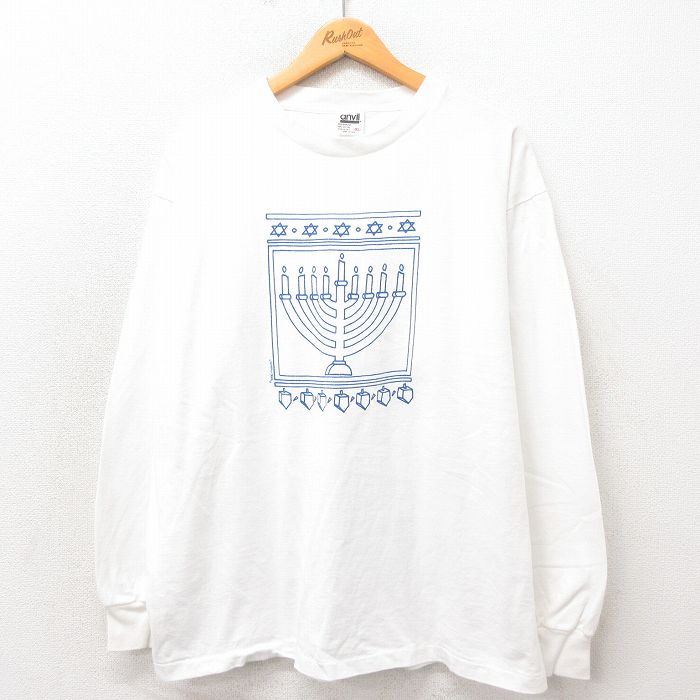 XL★古着 長袖 ビンテージ Tシャツ メンズ ローソク 大きいサイズ コットン クルーネック USA製 白 ホワイト 25may17 中古