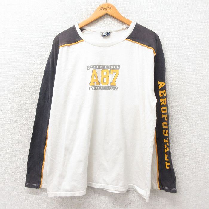 XL★古着 エアロポステール AEROPOSTALE 長袖 ビンテージ Tシャツ メンズ 00年代 00s コットン クルーネック カナダ製 白 ホワイト 25may17 中古