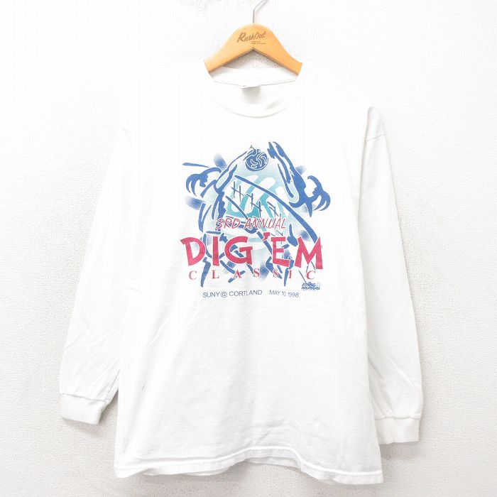 【50%OFF】L★古着 長袖 ビンテージ Tシャツ メンズ 90年代 90s バレーボール コットン クルーネック 白 ホワイト 25may17 中古