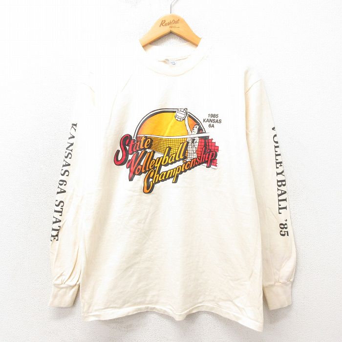 L★古着 ヘインズ Hanes 長袖 ビンテージ Tシャツ メンズ 80年代 80s バレーボール コットン クルーネック USA製 薄ベージュ カーキ 25may17 中古