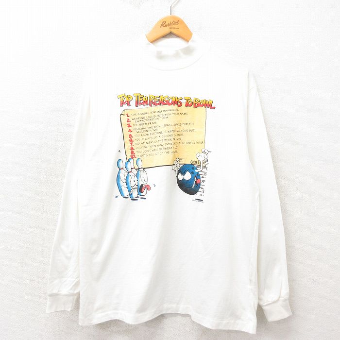XL★古着 ジャージーズ 長袖 ビンテージ Tシャツ メンズ 90年代 90s ボウリング コットン モックネック ハイネック USA製 白 ホワイト 25may17 中古