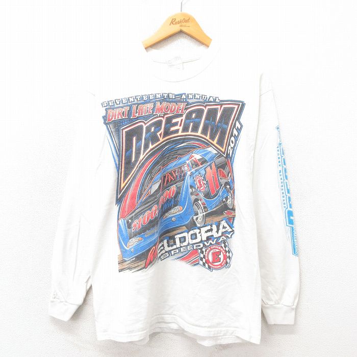 L★古着 長袖 Tシャツ メンズ レーシングカー コットン クルーネック 白 ホワイト 25may17 中古