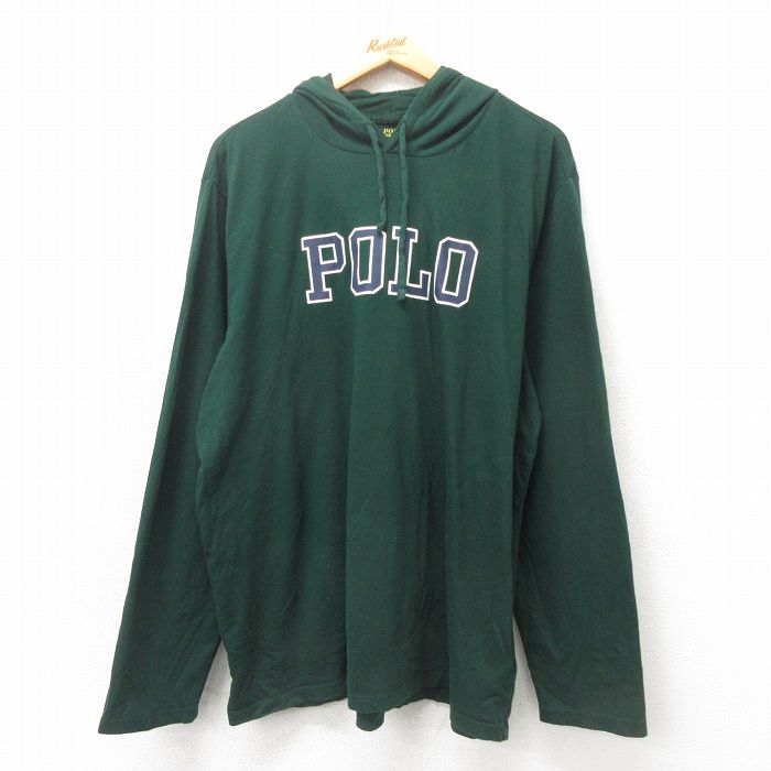 XL★古着 ラルフローレン Ralph Lauren 長袖 ブランド Tシャツ パーカー メンズ ビッグロゴ 大きいサイズ コットン 緑 グリーン 25may17 中古