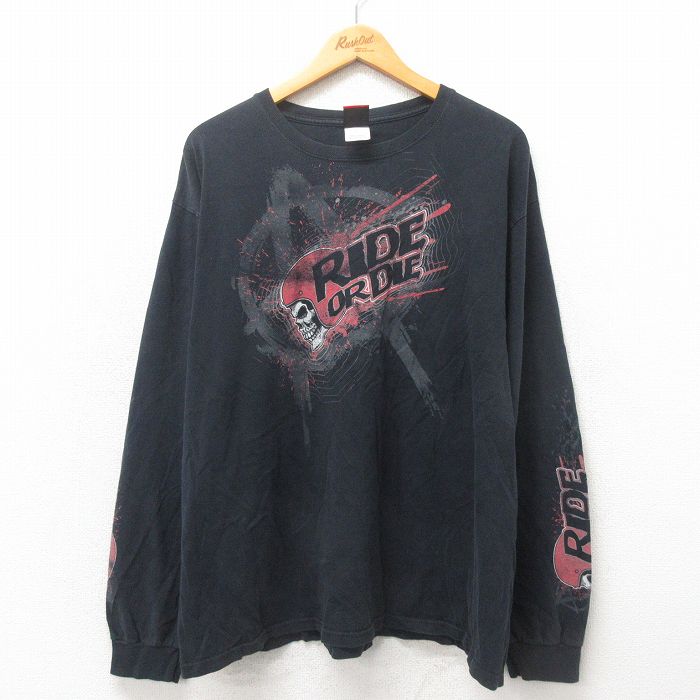 XL★古着 長袖 ビンテージ Tシャツ メンズ 00年代 00s スカル 大きいサイズ コットン クルーネック 黒 ブラック 25may17 中古