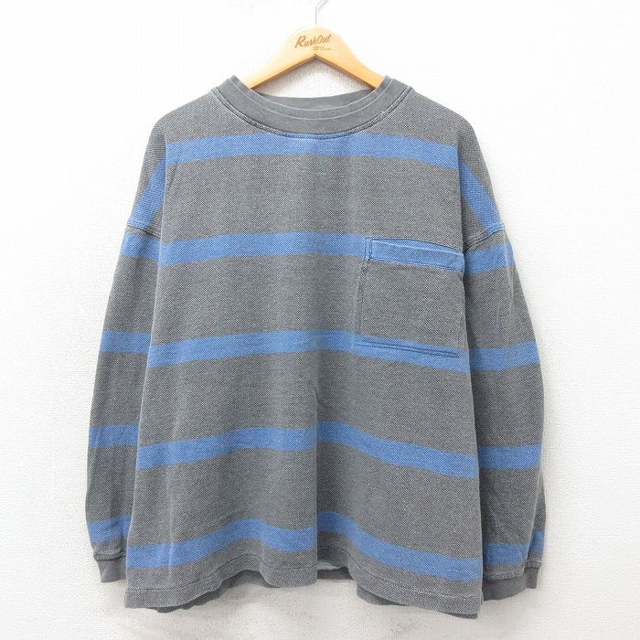 XL★古着 長袖 ビンテージ Tシャツ メンズ 00年代 00s 鹿の子 胸ポケット付き 大きいサイズ コットン クルーネック グレー ボーダー 25may17 中古