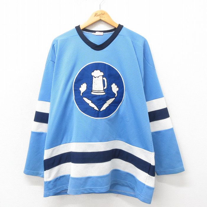 XL★古着 長袖 ビンテージ Tシャツ アイスホッケー ジャージ メンズ 90年代 90s ビール 大きいサイズ メッシュ地 Vネック 水色 ユニフォーム ゲームシャツ 25may17 中古