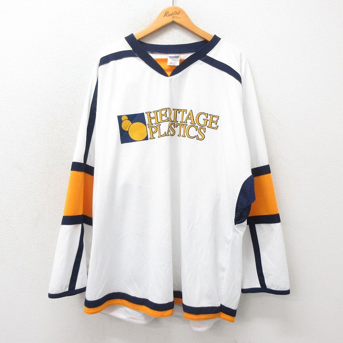 XL★古着 長袖 ビンテージ Tシャツ アイスホッケー ジャージ メンズ 00年代 00s ヘリテージ 大きいサイズ メッシュ地 Vネック 白 ホワイト ユニフォーム ゲームシャツ 25may17 中古