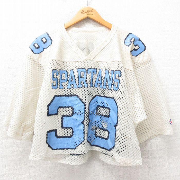 L★古着 チャンピオン champion 半袖 ビンテージ フットボール Tシャツ メンズ 80年代 80s 38 ショート丈 メッシュ地 Vネック USA製 生成り ユニフォーム ゲームシャツ 【spe】 25may17 中古