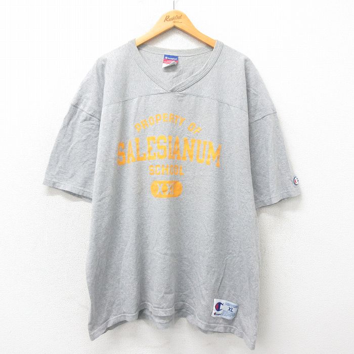 XL★古着 チャンピオン champion 半袖 ビンテージ フットボール Tシャツ メンズ 00年代 00s スクール 大きいサイズ Vネック グレー 霜降り 25may17 中古
