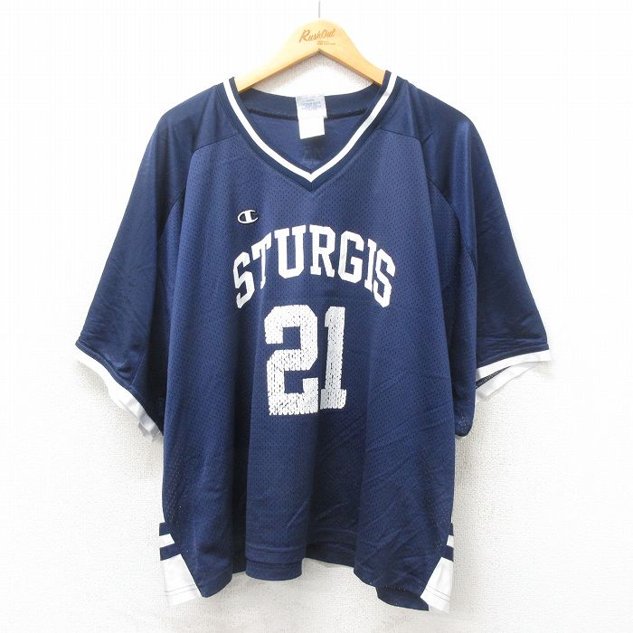 XL★古着 チャンピオン champion 半袖 ビンテージ フットボール Tシャツ メンズ 00年代 00s 21 大きいサイズ メッシュ地 Vネック 紺 ネイビー ユニフォーム ゲームシャツ 25may17 中古