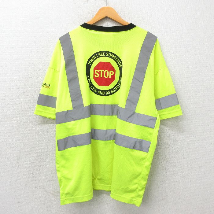 【50%OFF】XL★古着 半袖 Tシャツ メンズ STOP リフレクター 胸ポケット付き 大きいサイズ メッシュ地 クルーネック 黄 イエロー 25may17 中古