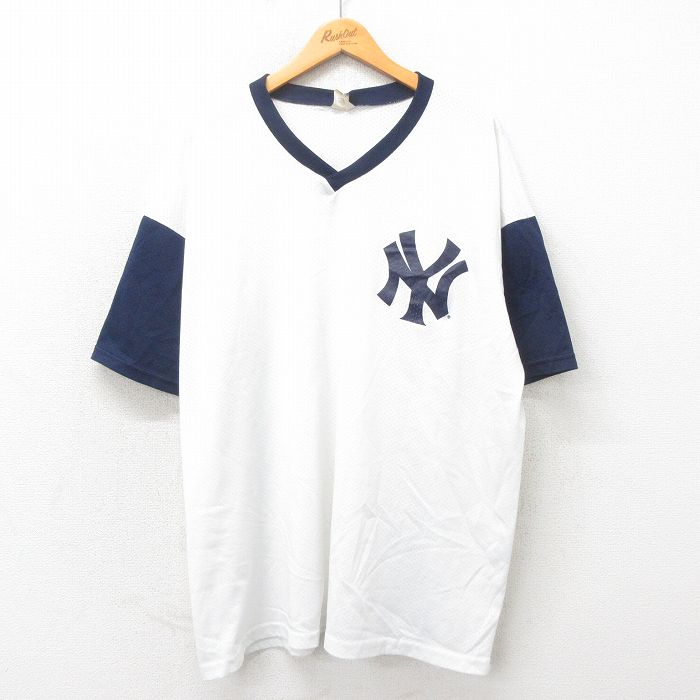 XL★古着 マジェスティック 半袖 ビンテージ フットボール Tシャツ メンズ 90年代 90s MLB ニューヨークヤンキース 大きいサイズ ツートンカラー メッシュ地 Vネック USA製 白 ホワイト メジャーリーグ ベースボール 野球 25may17 中古