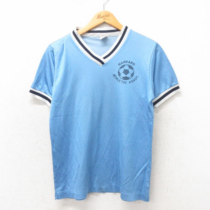 S★古着 半袖 ビンテージ サッカー Tシャツ メンズ 90年代 90s ハーバード Vネック USA製 水色 25may20 中古