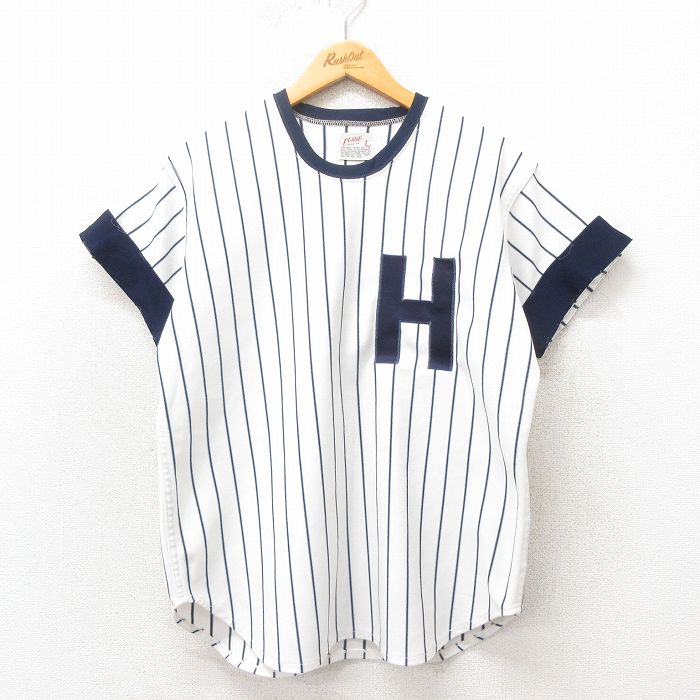 L★古着 半袖 ビンテージ Tシャツ メンズ 70年代 70s H クルーネック 白他 ホワイト ストライプ 25may20 中古