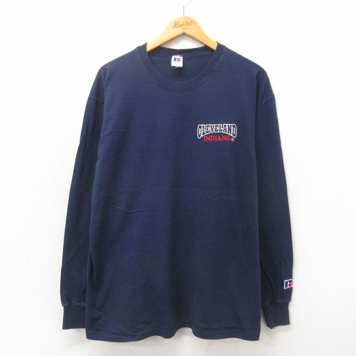【50%OFF】L★古着 ラッセル 長袖 ビンテージ Tシャツ メンズ 80年代 80s MLB クリーブランドインディアンス クルーネック USA製 紺 ネイビー メジャーリーグ ベースボール 野球 【spe】 25may20 中古