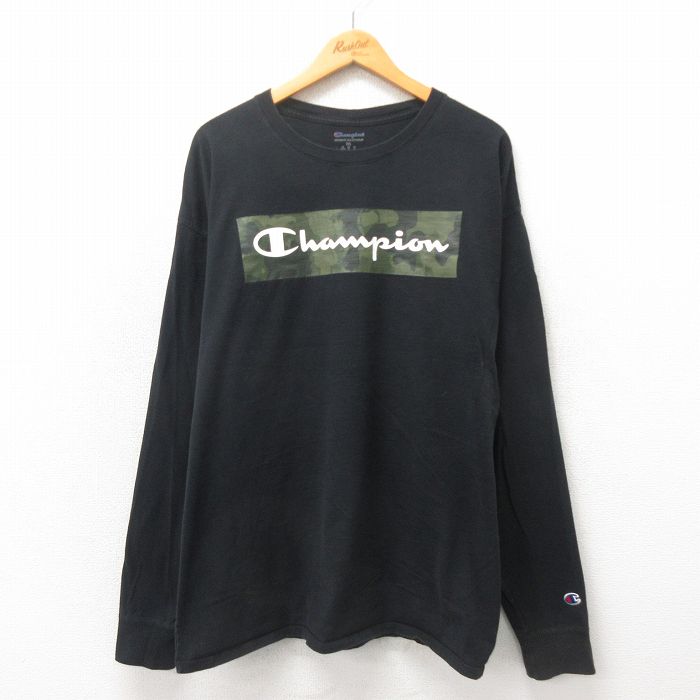 XL★古着 チャンピオン Champion 長袖 Tシャツ メンズ ビッグロゴ 大きいサイズ コットン クルーネック 黒 ブラック 25may20 中古