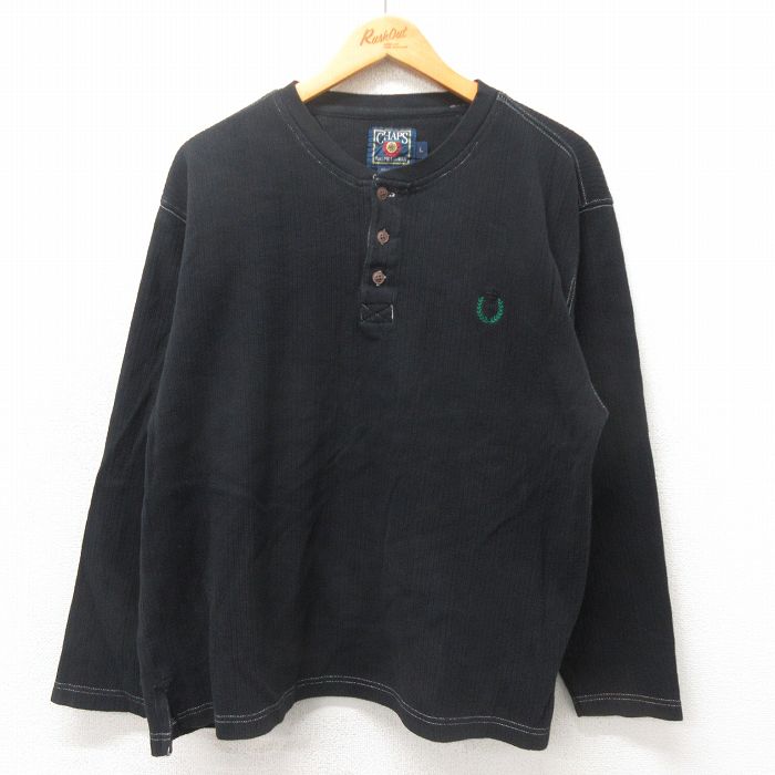 L★古着 ラルフローレン Ralph Lauren チャップス 長袖 ブランド Tシャツ メンズ 80年代 80s ワンポイントロゴ コットン ヘンリーネック 黒 ブラック 25may20 中古