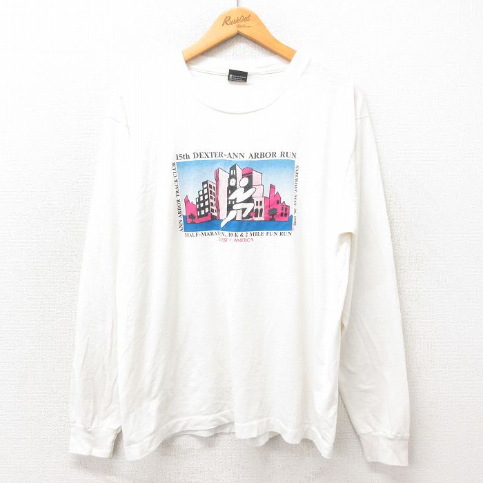 【20%OFF】L★古着 スクリーンスターズ 長袖 ビンテージ Tシャツ メンズ 80年代 80s マラソン クルーネック USA製 白 ホワイト 25may21 中古