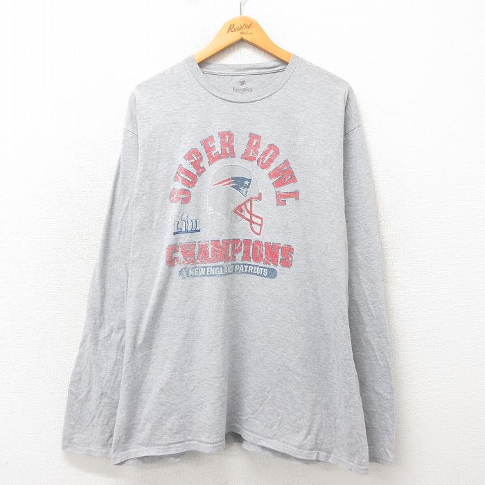 【50%OFF】XL★古着 長袖 Tシャツ メンズ NFL ニューイングランドペイトリオッツ 大きいサイズ クルーネック グレー 霜降り アメフト スーパーボウル 25may21 中古