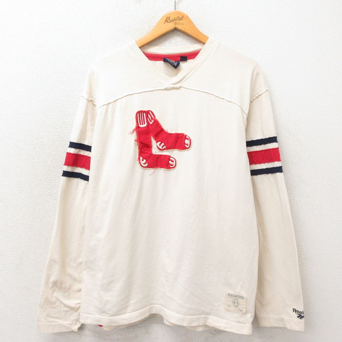 L★古着 リーボック REEBOK 長袖 ビンテージ フットボール Tシャツ メンズ 00年代 00s MLB ボストンレッドソックス コットン Vネック 生成り メジャーリーグ ベースボール 野球 25may21 中古