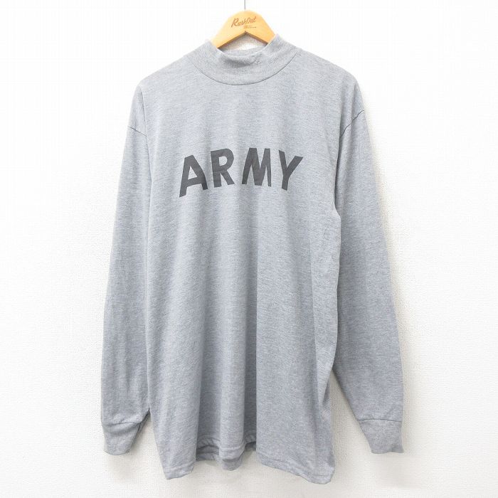 XL★古着 長袖 Tシャツ メンズ ミリタリー アーミー ARMY リフレクター 大きいサイズ ロング丈 ハイネック モックネック USA製 グレー 霜降り 25may21 中古