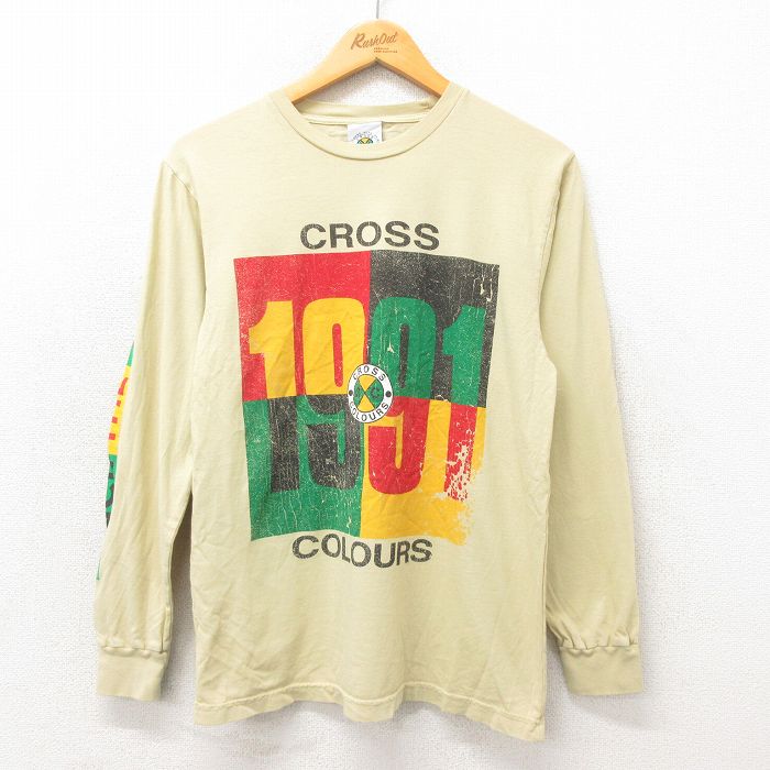 M★古着 クロスカラーズ 長袖 Tシャツ メンズ コットン クルーネック 薄黄 イエロー 25may21 中古