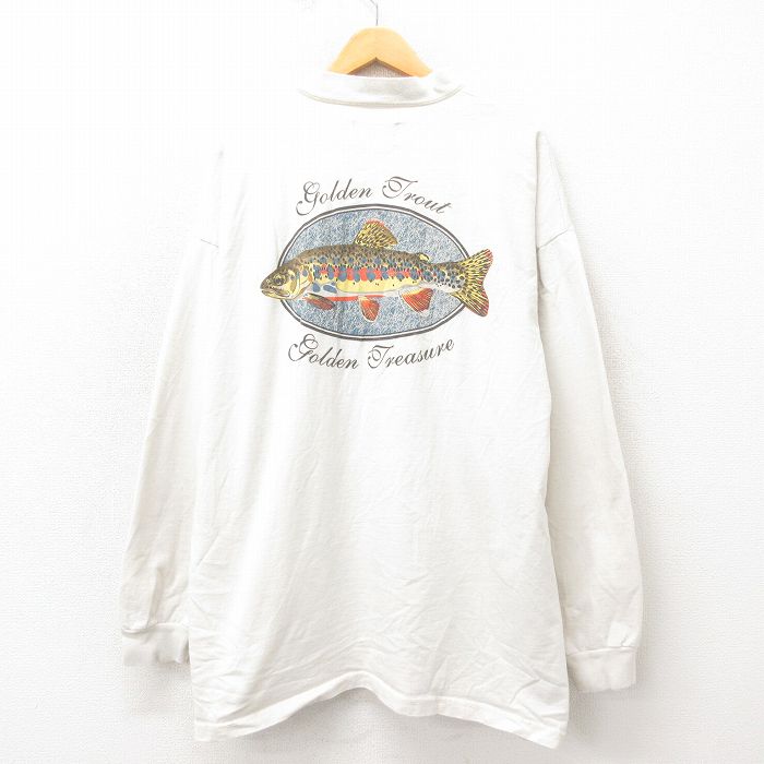 XL★古着 長袖 ビンテージ Tシャツ メンズ 90年代 90s 魚 大きいサイズ コットン ヘンリーネック USA製 生成り 【spe】 25may21 中古