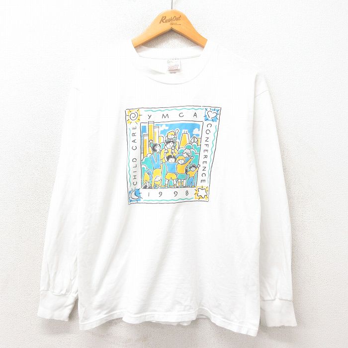 【50%OFF】L★古着 フルーツオブザルーム 長袖 ビンテージ Tシャツ メンズ 90年代 90s YMCA コットン USA製 白 ホワイト 25may21 中古