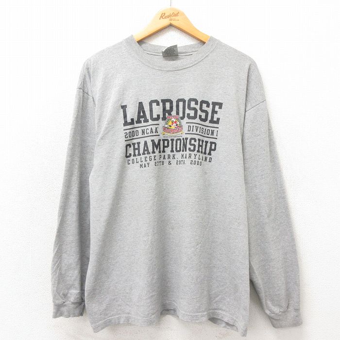 【50%OFF】L★古着 長袖 ビンテージ Tシャツ メンズ 00年代 00s ラクロス クルーネック USA製 グレー 霜降り 25may21 中古