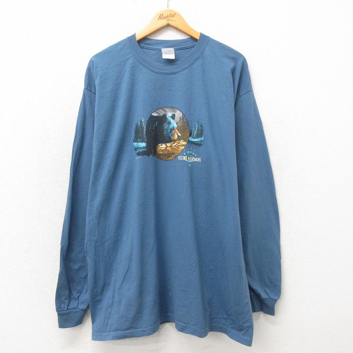 XL★古着 長袖 ビンテージ Tシャツ メンズ 00年代 00s クマ 大きいサイズ ロング丈 コットン クルーネック 紺 ネイビー 25may21 中古